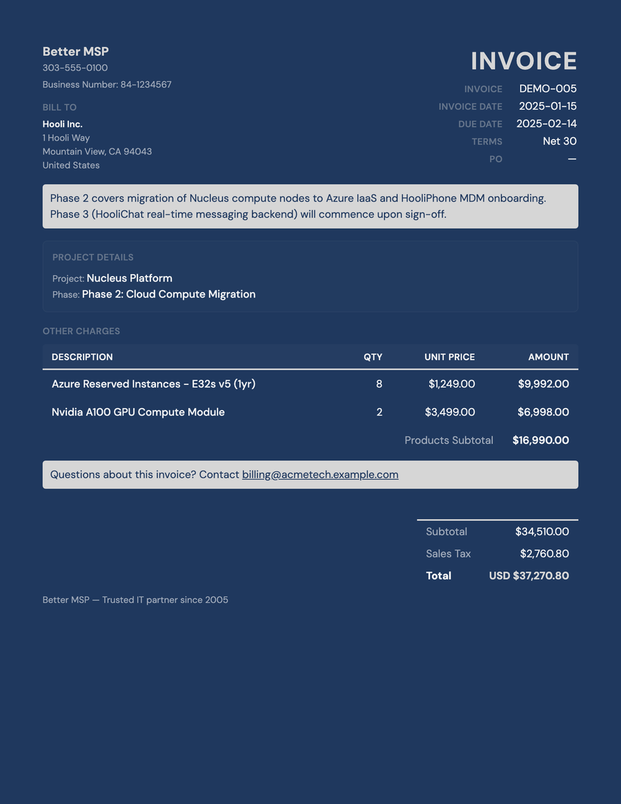 Dark Mode — a ConnectWise Manage invoice styled with Better Invoice