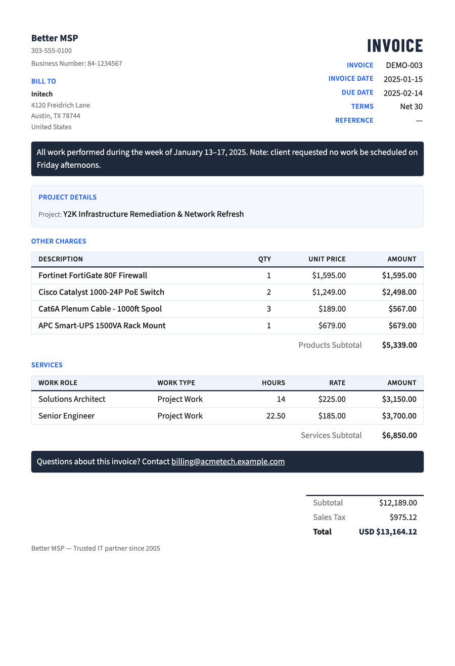 Projects & Hardware — a ConnectWise Manage invoice styled with Better Invoice