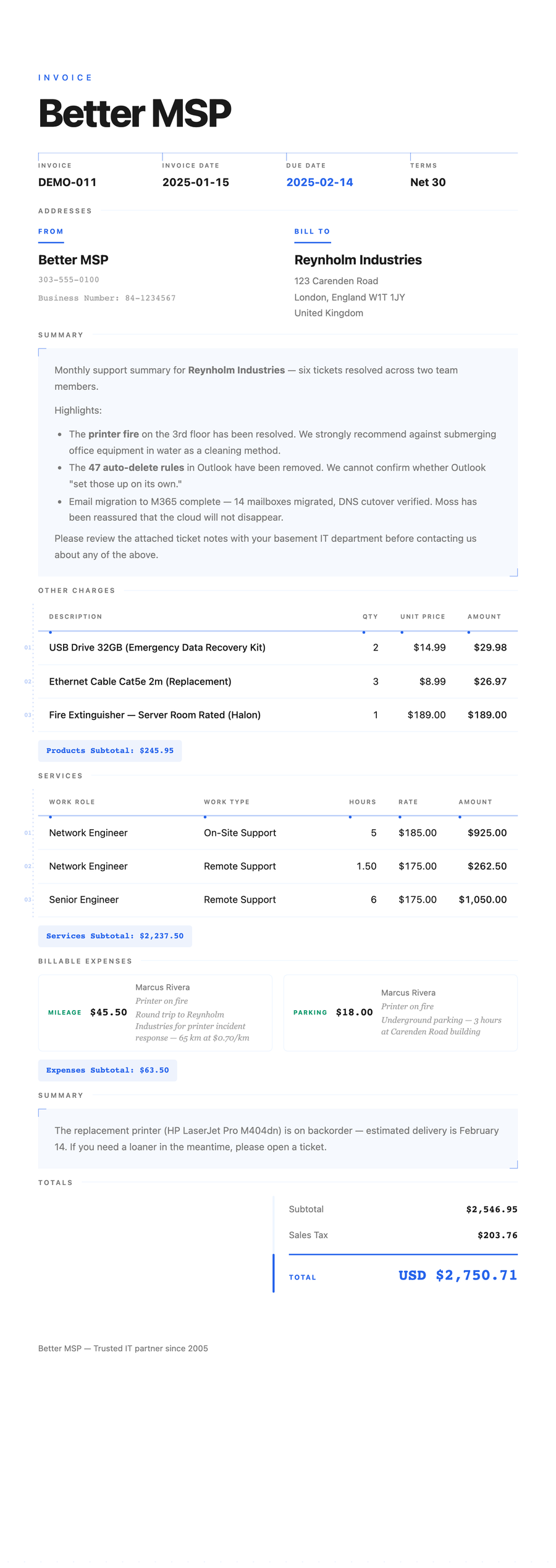 Editorial — a ConnectWise Manage invoice styled with Better Invoice