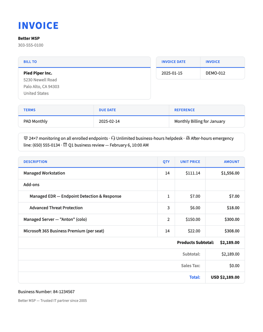 Every Agreement Addition — a ConnectWise Manage invoice styled with Better Invoice