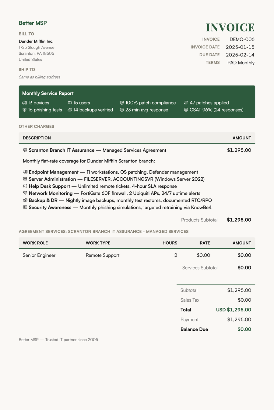 Signature Look — a ConnectWise Manage invoice styled with Better Invoice