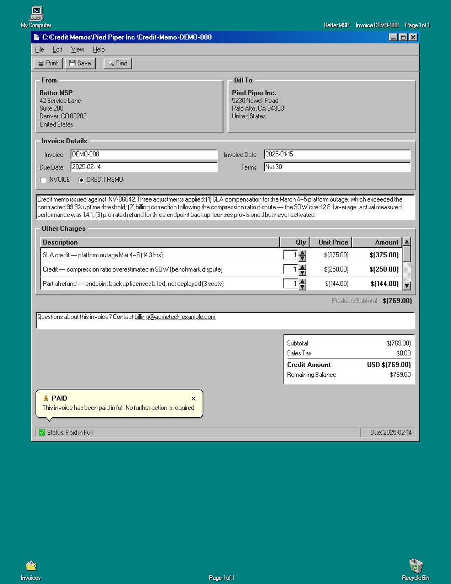 …or like Windows 95 — a ConnectWise Manage invoice styled with Better Invoice