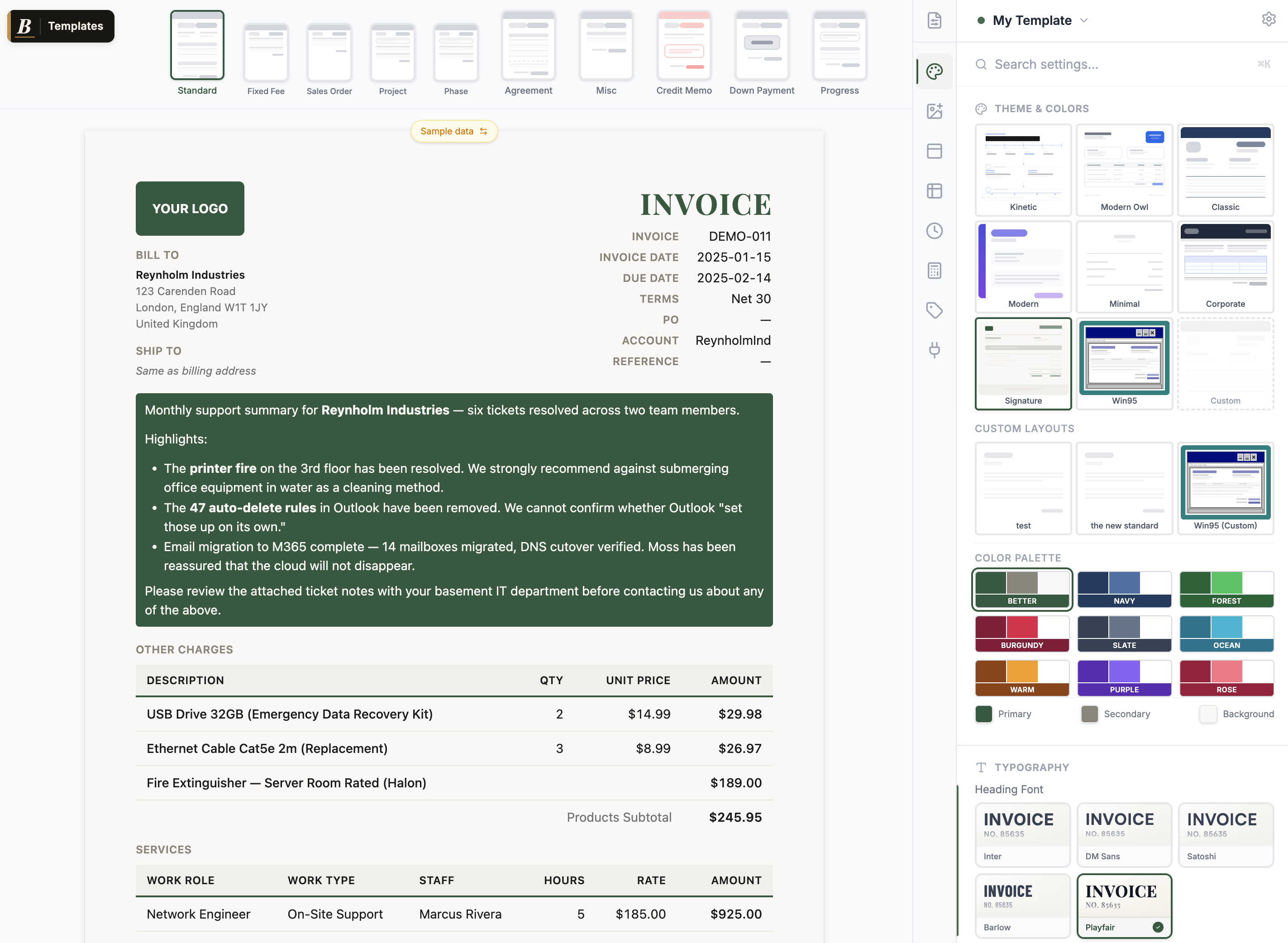 Better Invoice editor customizing a ConnectWise Manage invoice template with live preview, theme picker, and color palette