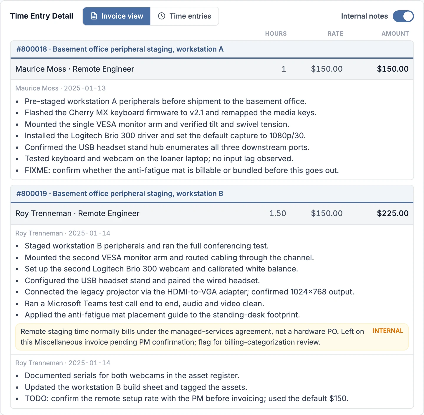 Better Invoice time-entry detail showing customer-facing work notes beside an internal note marked INTERNAL that stays hidden from the client