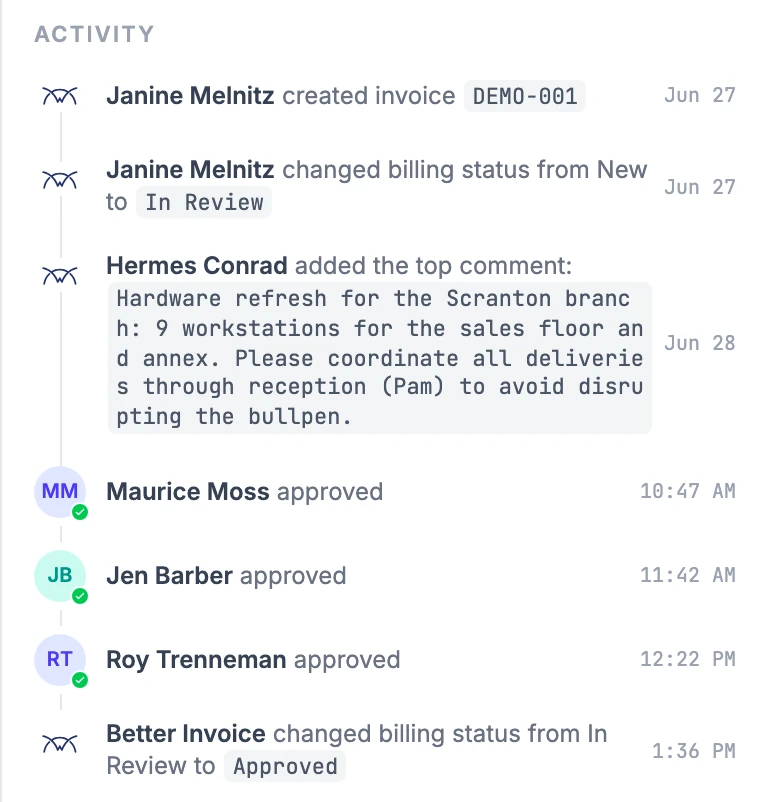 Better Invoice activity timeline for a ConnectWise invoice: created, moved to In Review, approved by three reviewers, then marked Approved