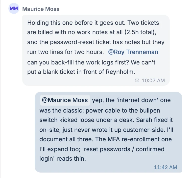 Comment thread on a ConnectWise invoice in Better Invoice: a reviewer @mentions a teammate to back-fill missing ticket notes before the invoice goes out