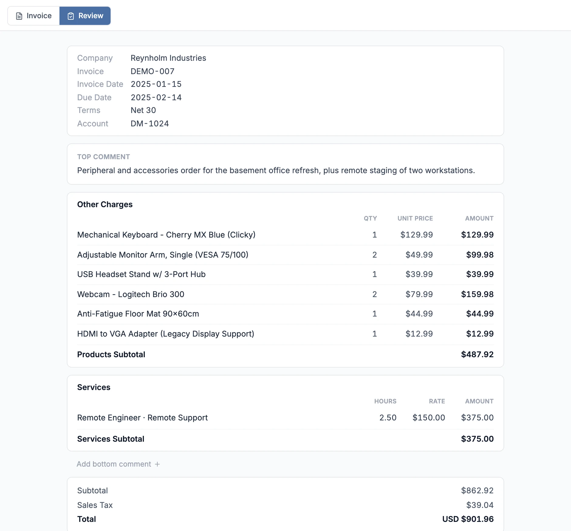 Better Invoice skim view: the Review tab of a ConnectWise invoice laid out as one scannable sheet of line items, services, and totals
