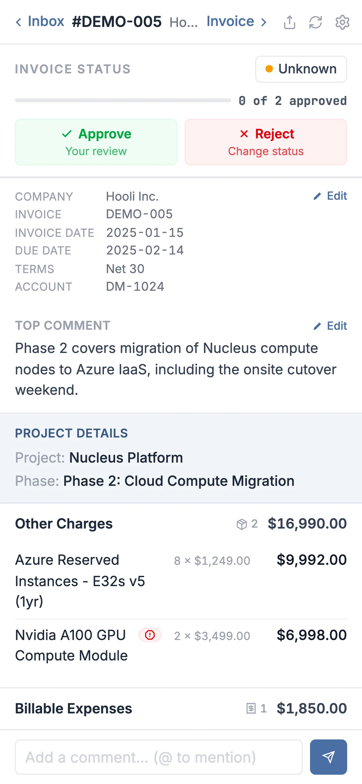 A flagged ConnectWise invoice open on an iPhone in Better Invoice, with approve and reject controls