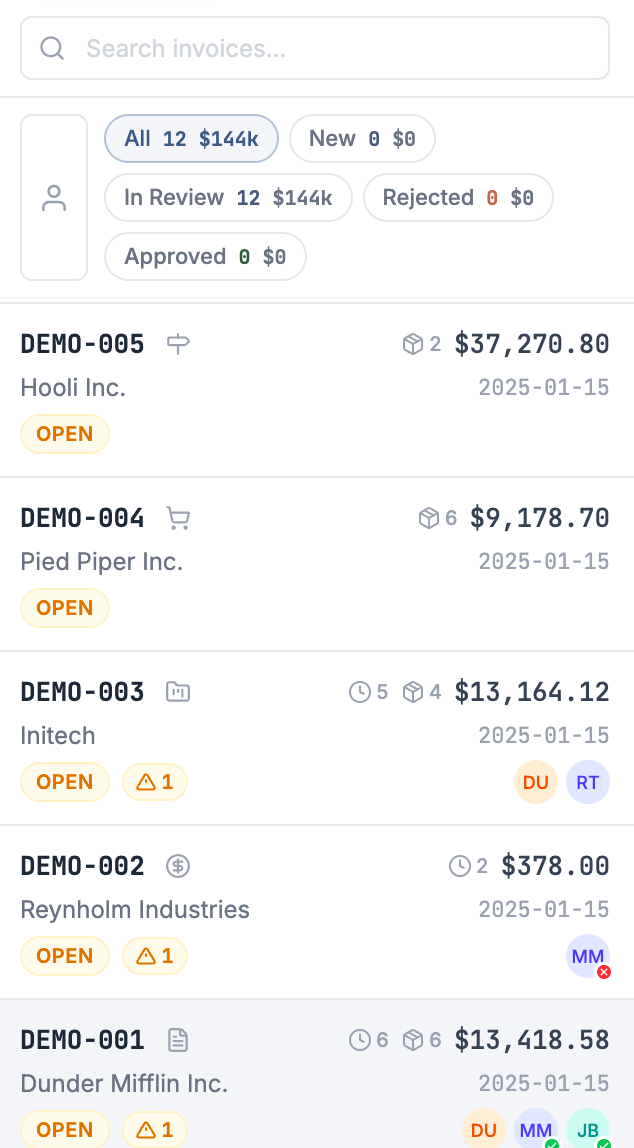 Better Invoice review inbox showing flagged ConnectWise invoices